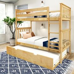 Sleep more, save space. Our Classic Twin over Twin Bunk Bed Bed + Trundle sleeps three in one incredibly versatile design. Crafted with solid, knot-free New Zealand pine wood, this bed offers superior strength and durability. The beautiful, low VOC finishes contribute to a clean and healthy home. Each sleeping surface on the Bunk Bed bed is paired with a strong plywood slat roll and a metal support bar to provide each a high, 400 lb. weight capacity. The included twin-size trundle bed provides an extra sleeping space for guests. Bunk Bed beds can easily separate to create two freestanding beds. Ideal for your guestroom or vacation rental, this Bunk Bed bed’s modern details match any design or décor. Create your next contemporary space with this timeless statement piece. Wooden Bunk Bed, Bunk Bed Ladder, Adult Bunk Beds, Queen Bunk Beds, Solid Wood Bunk Beds, Twin Over Twin Bunk Bed, Space Saving Beds, Twin Over Full Bunk Bed, Wooden Bunk Beds