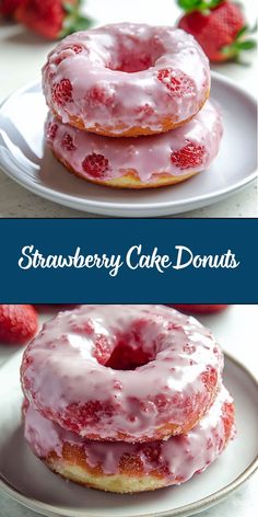 two strawberry cake donuts on plates with strawberries in the background