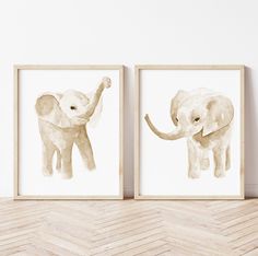 two framed pictures of elephants standing next to each other on a wooden floor in front of a white wall