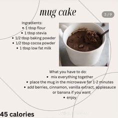 a recipe for chocolate mug cake with instructions on how to make it in the microwave