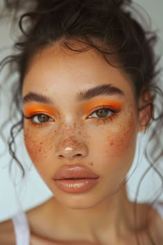 Orange Tones Makeup, Colorful Fall Makeup, Orange Gold Makeup, Halloween Orange Makeup, Orange Eyeshadow Makeup, Orange Eye Makeup Looks, Orange Inspired Outfits, Orange Blossom Makeup, Creative Makeup Photoshoot Ideas