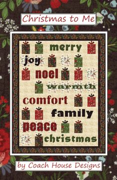 a christmas quilt with presents on it and the words merry, noell, comfort, peace