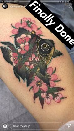 an image of a bird with flowers on it's thigh and the words finally done