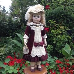 the doll is wearing a red dress and hat