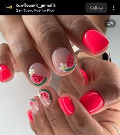 Gel Nails For Hawaii Vacation, Watermelon Nail Ideas, Natural Summer Nails Short, Orange Slice Nails, Watermelon Nails Design, Summer Nails Watermelon, Watermelon Nail Designs, College Nails, Fruit Nail Designs