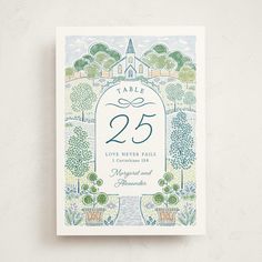 a wedding card with the number 25 printed on it and trees in front of them