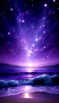 the night sky is filled with stars and purple hues, as well as water