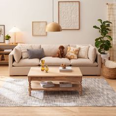 a living room filled with furniture and a dog sitting on top of a coffee table