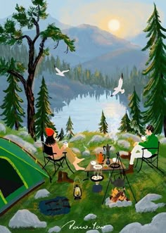 a painting of people sitting around a campfire in the woods with a lake and mountains in the background