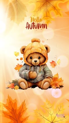 an autumn background with a teddy bear wearing a hat and jacket sitting on the ground