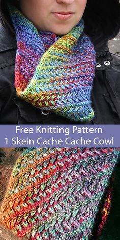 a woman wearing a multicolored scarf with the text free knitting pattern 1 skein cache cache cowl