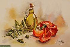 an oil painting of tomatoes and olives next to a bottle of extra virgin olive oil