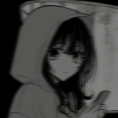 a drawing of a girl holding a cell phone in her hand and looking at the screen