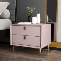 a pink dresser with two drawers in front of a bed