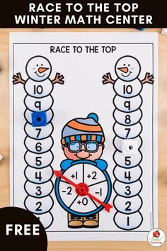 Free Counting 1-10 Winter Math Center for Kindergarten. Students race up and down the snowman number line. Who will reach the top first? Free Math Activities For Kindergarten, January Grade 1 Activities, Math Game For Kindergarten, Number Lines Kindergarten, Kindergarten Math Centers Numbers 1-10, Kindergarten Math Activities Free, Free Kindergarten Centers, January Math Activities