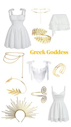 various types of clothing and accessories on display with the words greek goddess written in gold