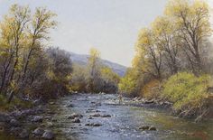 a painting of a river with trees and rocks in the foreground, on a sunny day