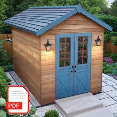 a small wooden shed with blue doors and windows