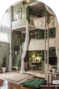 a room with green walls and white furniture in the corner, along with a large round mirror on the wall