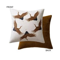 two pillows that have birds on them and one has a brown velvet pillow with an embroidered design