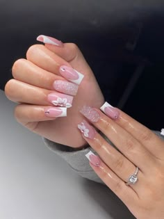 Short Coffin Acrylic Nails Designs Pink, Pink Nail Short Designs, White Glitter Nails With 3d Flowers, Cute Short Quince Nails, Pretty Acrylic Nails Coffin Long Simple, French Tip Acrylic Nails With Nail Art, Pink Prom Nails Coffin, Soft Acrylic Nails Aesthetic, Cute Medium Length Nails Acrylic