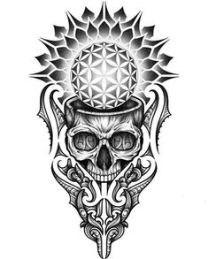 a skull wearing a top hat with an intricate design on it's head and the sun in the background