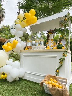 an outdoor bar decorated with balloons and lemons