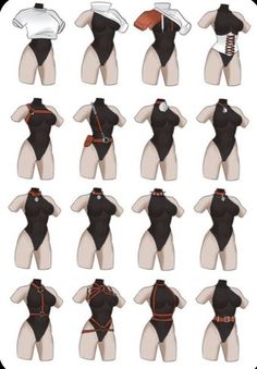 an image of different types of swimsuits on mannequin's torsos