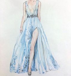 a drawing of a woman in a blue dress with high slits on her legs