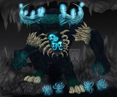 an image of a monster with blue lights on it's face and claws, standing in front of a cave