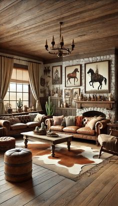 a living room filled with lots of furniture and paintings on the wall next to a fire place