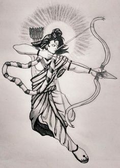 a pencil drawing of a woman holding a bow and arrow in her hand with the sun shining