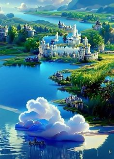 a painting of a castle on the water with clouds floating in it's foreground