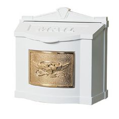 a white mailbox with a gold eagle on it's front and side panel