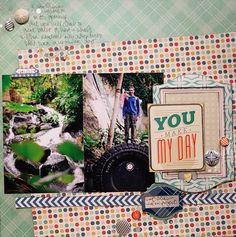 a scrapbook page with some pictures and words on the pages, including an image of a man standing next to a river