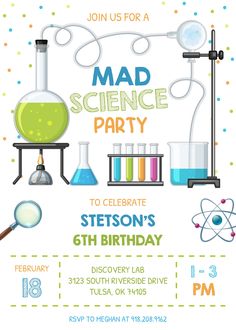 mad science party flyer with lab equipment