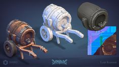 three 3d renderings of different types of barrels and wheels, including one for the barrel