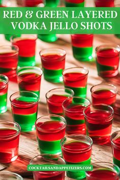 Vodka jello shots are easy to make. Red and green layered jello shots for a boozy treat great for Christmas parties, winter parties and any green red themed party. Easy to make ahead jello shots. Mistletoe Jello Shots, Winter Themed Jello Shots, Red And Green Jello Shots, Cherry Lime Jello Shots, Christmas Jello Shots Vodka, Red And Green Christmas Party Theme, Christmas Jello Shots Recipes, Christmas Themed Jello Shots