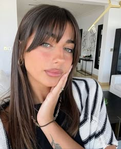 Dark Brown Hair With Bangs Long, Full Bangs Straight Hair, Chocolate Brown Hair With Fringe, Long Brown Bob With Bangs, Brunette Medium Length Hair With Bangs, Chocolate Brown Hair Bangs, Front Bangs Short Hair, Bang Inspo Straight Hair, Subtle Bangs Medium Hair