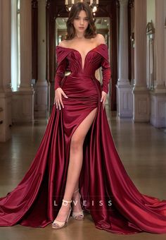 Prom Dress Burgundy, Beach Wedding Dress Boho, Chic Gowns, Long Sleeve Prom, Prom Dress Styles, Off Shoulder Fashion, A Line Prom Dresses, Satin Prom Dress, Prom Dresses With Sleeves