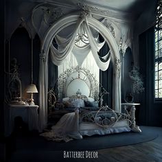 an ornate bed in a dark room with white drapes