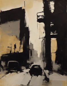 an abstract painting of cars on a city street