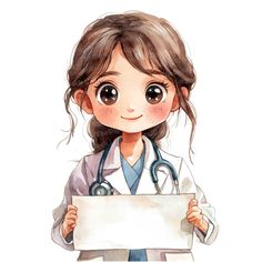 a watercolor drawing of a doctor holding a sign