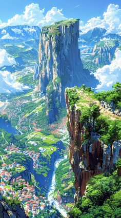 an anime landscape with mountains, trees and houses in the distance is shown from above