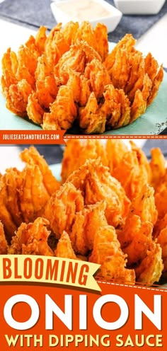 Blooming Onion with Dipping Sauce, football party food, game day Blossom Onion Recipe, How To Make Blooming Onion, Blooming Onion Batter Recipe, Deep Fried Dinner Ideas, Cornbread Blooming Onion, Deep Fried Meat, Deep Fried Ideas