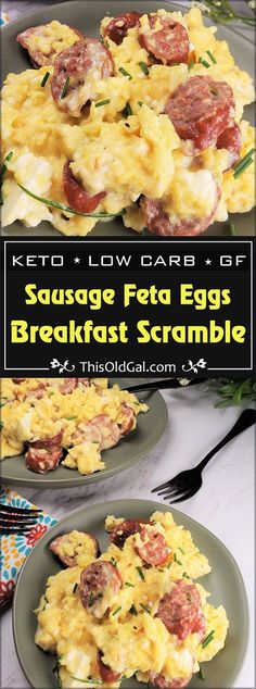 keto low carb and gf sausage feta eggs breakfast scramble on a plate