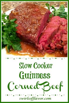 slow cooker corned beef and guinness recipe on a plate with garnish