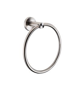 a stainless steel towel ring on a white background