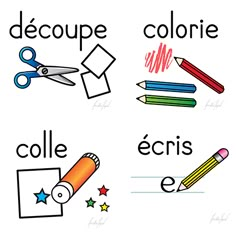 the words in french are written with pencils and crayons