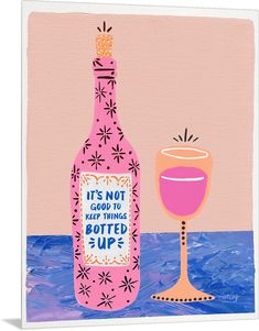 a painting of a pink wine bottle with a glass next to it on a blue surface